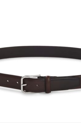 Leather business belt with polished silver buckle, Dark Brown