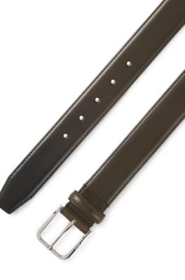 Leather business belt with polished silver buckle, Dark Green