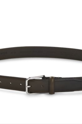 Leather business belt with polished silver buckle, Dark Green