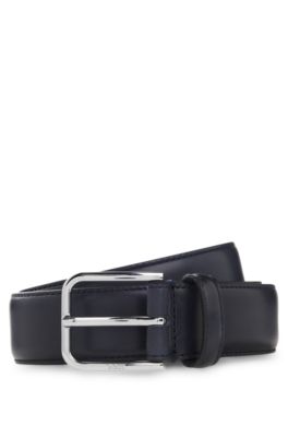 Leather business belt with polished silver buckle, Dark Blue