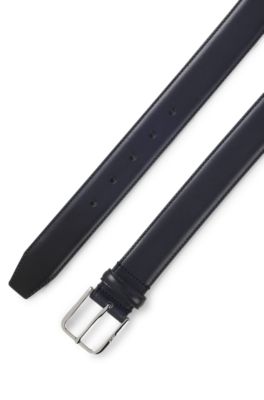 Leather business belt with polished silver buckle, Dark Blue