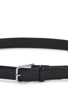 Leather business belt with polished silver buckle, Dark Blue