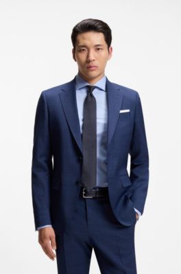 Leather business belt with polished silver buckle, Dark Blue