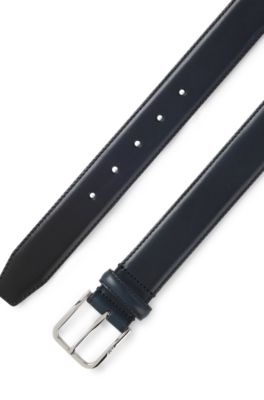 Leather business belt with polished silver buckle, Dark Blue
