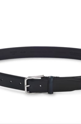 Leather business belt with polished silver buckle, Dark Blue