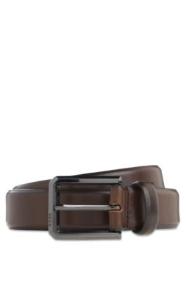 Smooth leather belt with engraved gunmetal buckle, Dark Brown