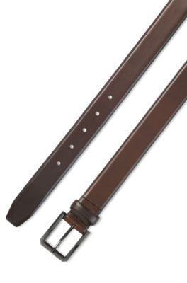 Cintur&oacute;n de piel lisa con hebilla de bronce industrial grabada, Marr&oacute;n oscuro