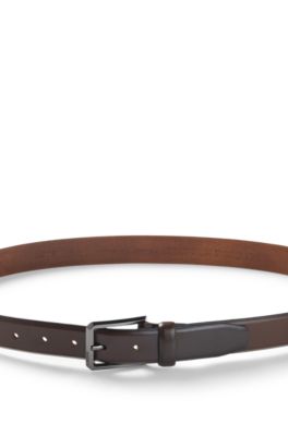 Cintur&oacute;n de piel lisa con hebilla de bronce industrial grabada, Marr&oacute;n oscuro