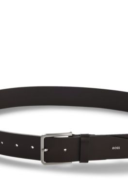 Logo-tip belt in leather, Dark Brown