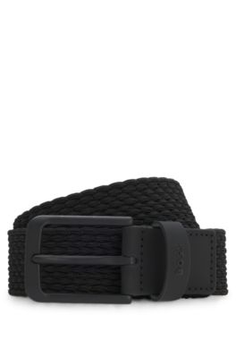 Leather-trimmed woven belt, Black