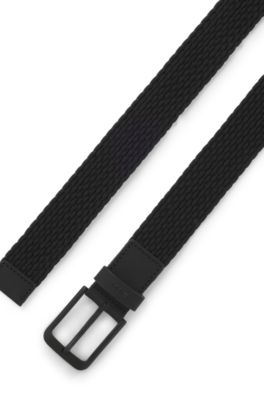 Leather-trimmed woven belt, Black