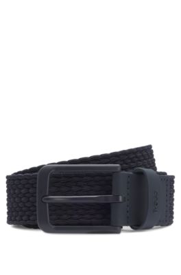 Woven belt with leather trims, Dark Blue