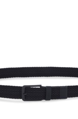 Woven belt with leather trims and logo detail, Dark Blue