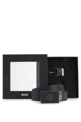 Ceinture r&eacute;versible en cuir italien avec boucles interchangeables, Noir