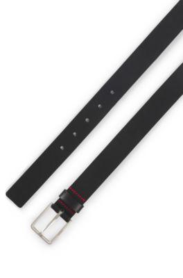Ceinture en cuir italien avec boucle &agrave; ardillon et logo grav&eacute;, Noir