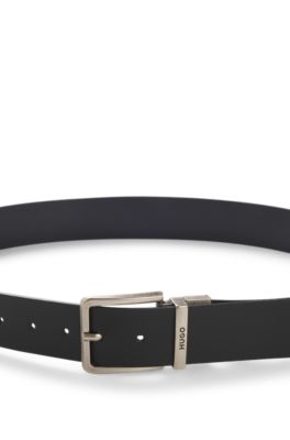 Reversible belt in smooth and grained leather, Black