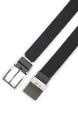 Reversible Italian-leather belt with two buckles, Black