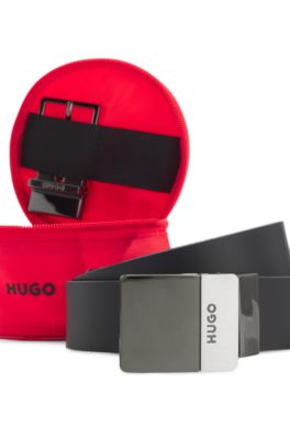 Ceinture r&eacute;versible en cuir italien avec deux boucles, Noir