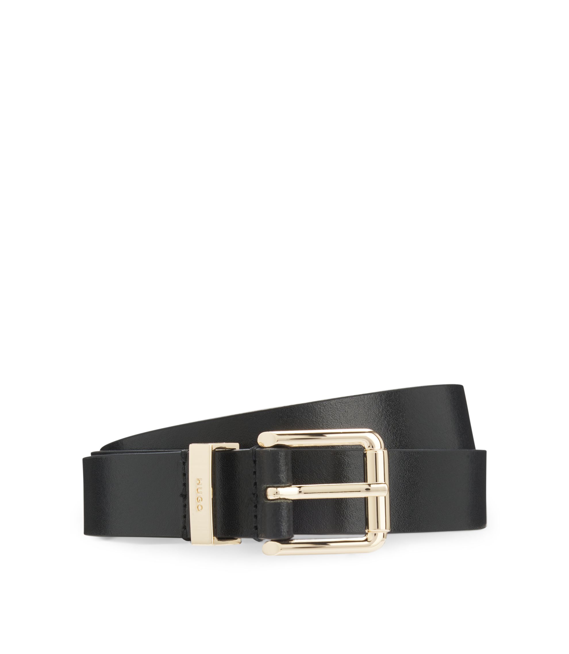 HUGO - Italian-leather belt with gold-tone buckle - Black display picture 3