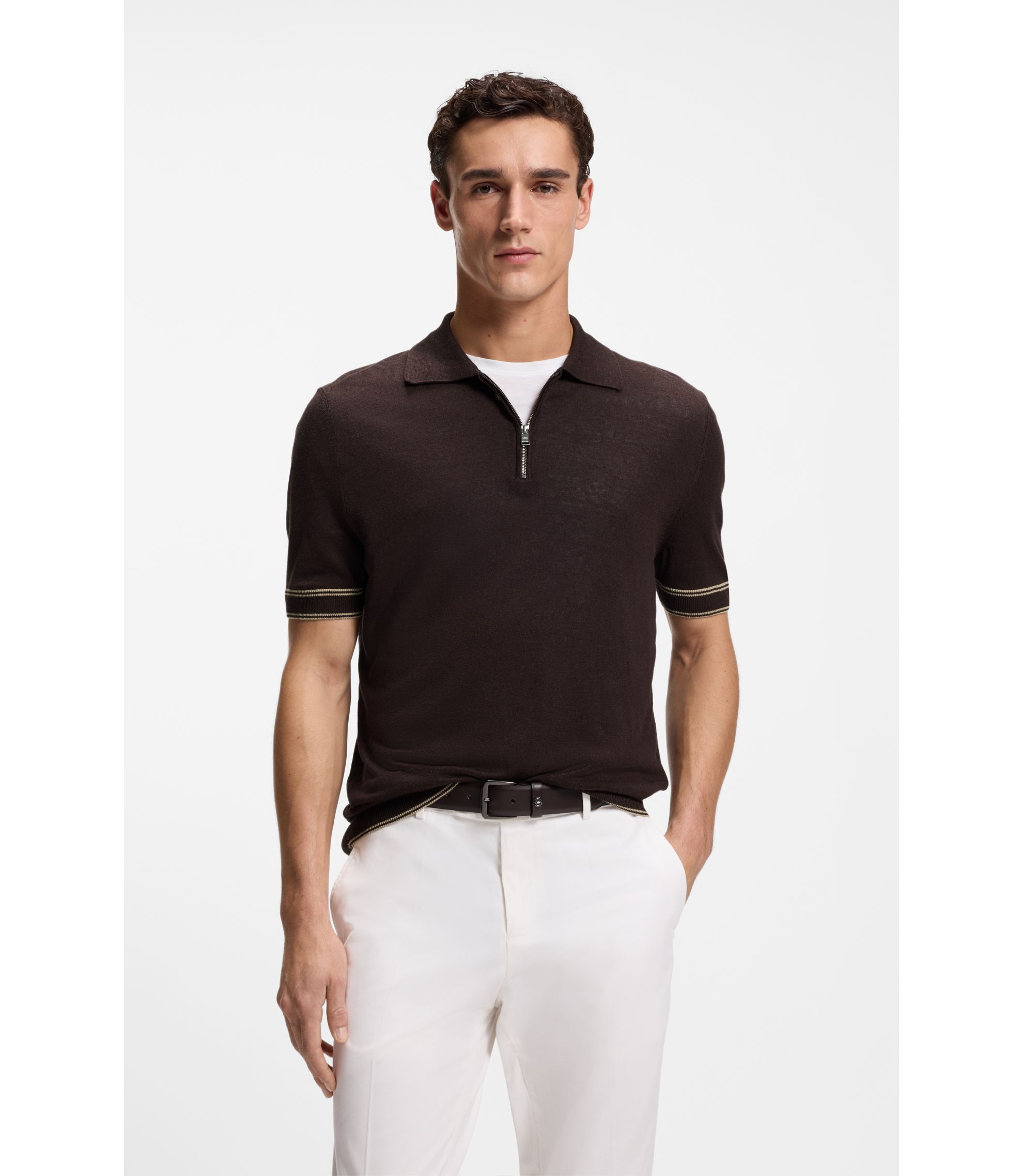 BOSS - Italian-leather belt with Double B monogram - Dark Brown