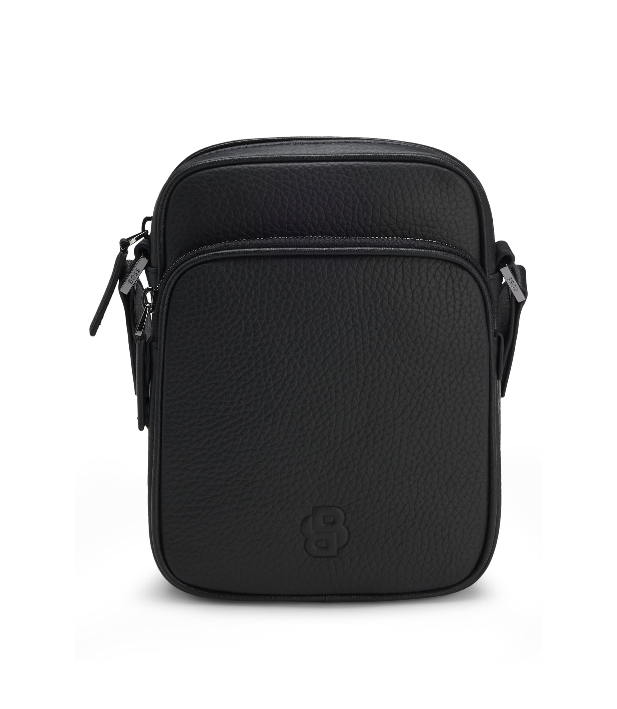 BOSS - Italian-leather reporter bag with Double B monogram - Black