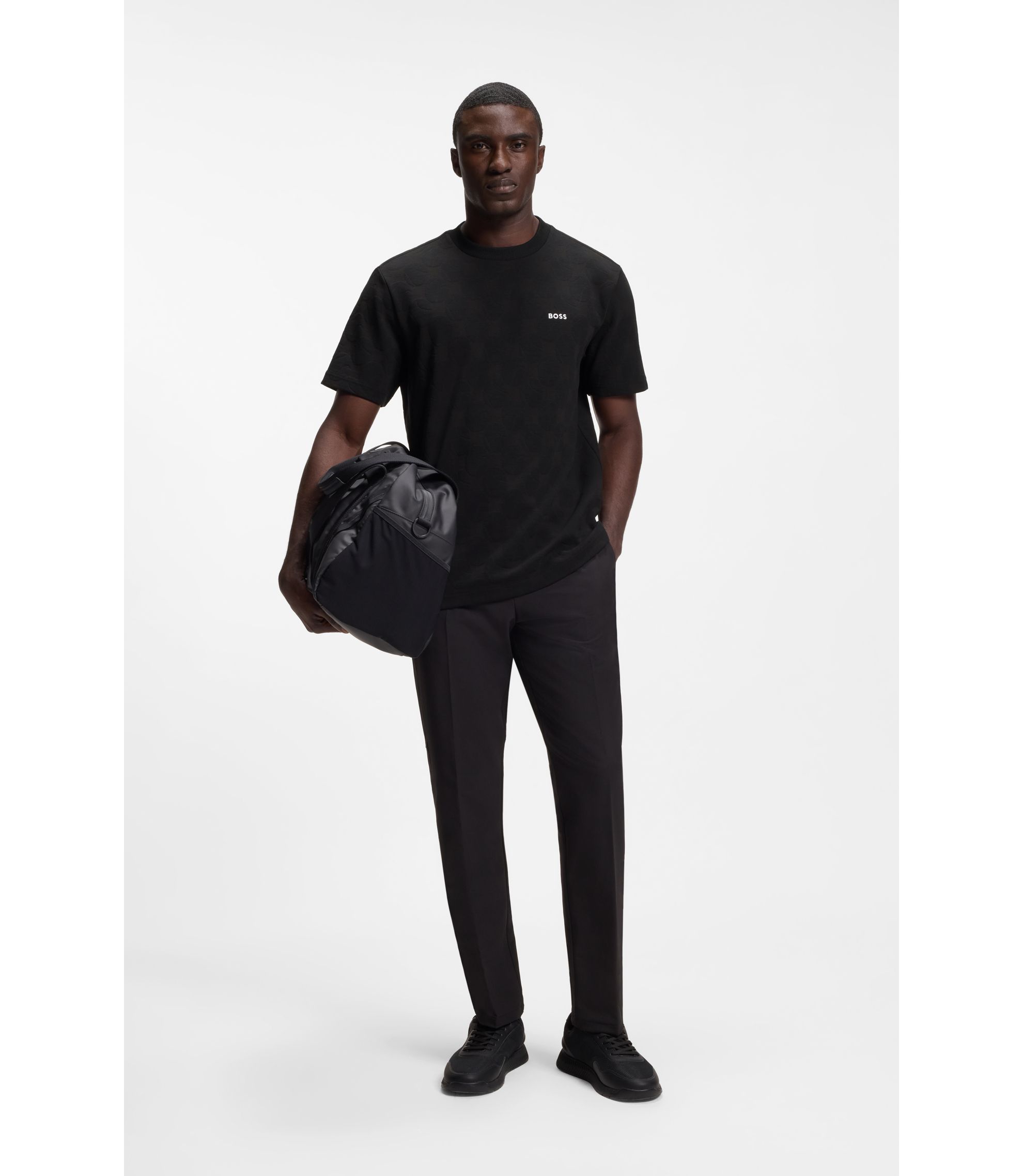 BOSS - Cotton-blend T-shirt with tennis-ball jacquard - Black