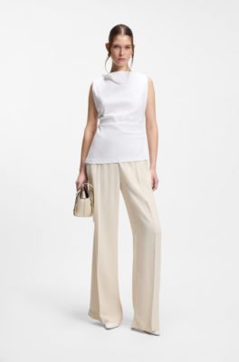 Top asym&eacute;trique en coton merceris&eacute; &agrave; col b&eacute;nitier, Blanc