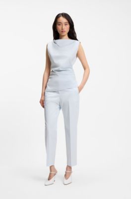 Cowl-neck asymmetric top in mercerized cotton, Light Blue