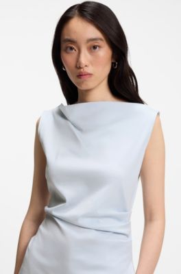Cowl-neck asymmetric top in mercerized cotton, Light Blue