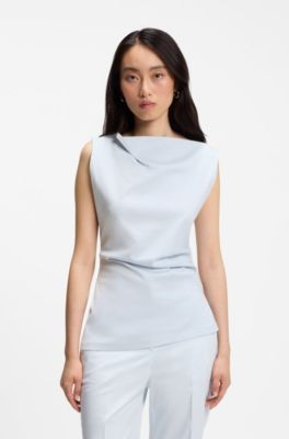 Cowl-neck asymmetric top in mercerized cotton, Light Blue