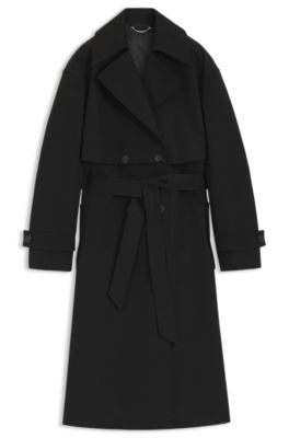Belted trench coat in stretch cotton, Black