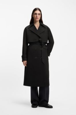 Belted trench coat in stretch cotton, Black