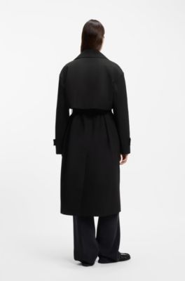 Belted trench coat in stretch cotton, Black