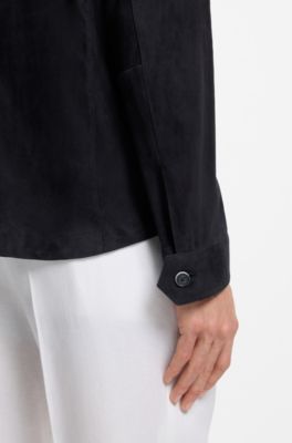 Chemise en cuir su&eacute;d&eacute; m&eacute;tis avec int&eacute;rieur en cuir nappa, Bleu fonc&eacute;