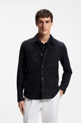 Chemise en cuir su&eacute;d&eacute; m&eacute;tis avec int&eacute;rieur en cuir nappa, Bleu fonc&eacute;