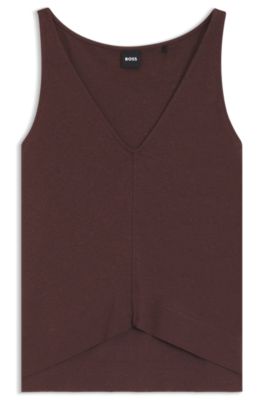 Top de algod&oacute;n y lino con cuello en pico, Marr&oacute;n oscuro