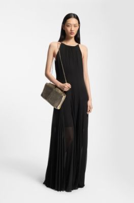 Sleeveless dress with pliss&eacute; skirt inserts, Black