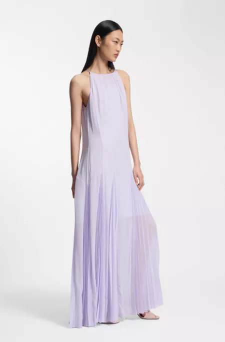 Sleeveless dress with plissé skirt inserts