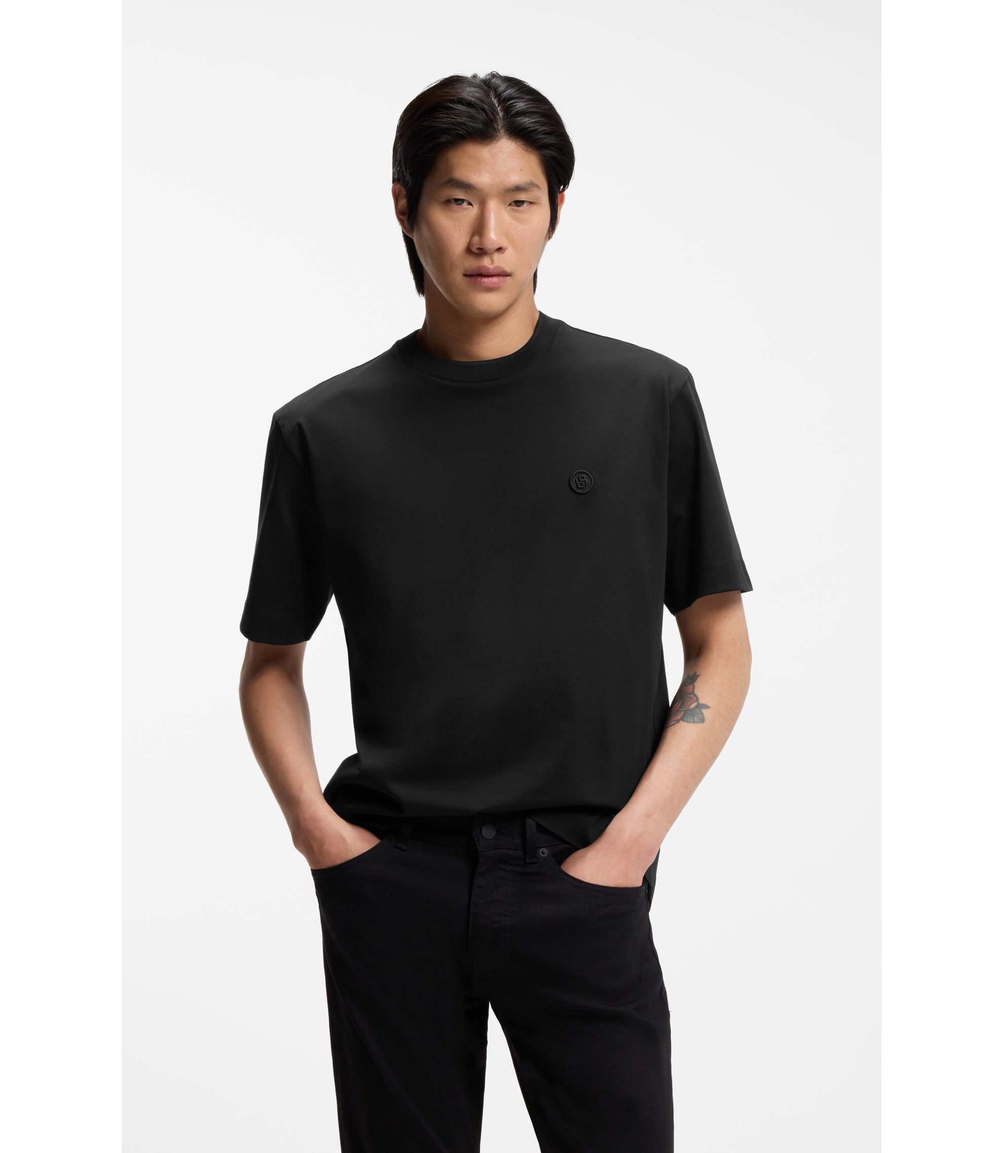 BOSS - Mercerised-cotton T-shirt with Double B monogram - Black