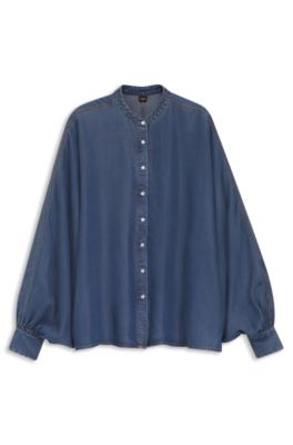 Relaxed-fit blouse with stand collar, Blue