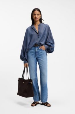 Relaxed-fit blouse with stand collar, Blue
