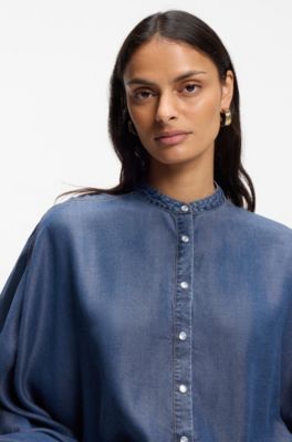 Relaxed-fit blouse with stand collar, Blue