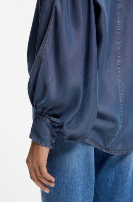 Relaxed-fit blouse with stand collar, Blue