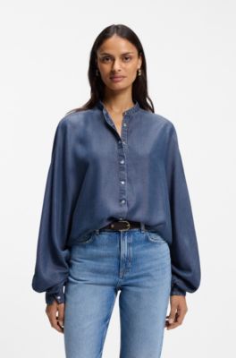 Relaxed-fit blouse with stand collar, Blue