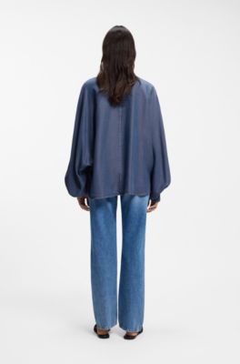 Relaxed-fit blouse with stand collar, Blue