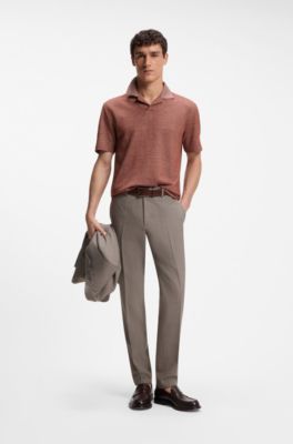 Johnny-collar polo shirt in cotton, linen and silk, Brown