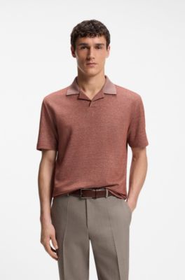 Johnny-collar polo shirt in cotton, linen and silk, Brown