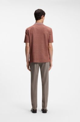 Johnny-collar polo shirt in cotton, linen and silk, Brown