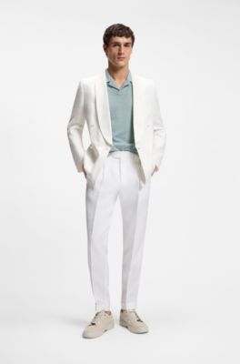 Johnny-collar polo shirt in cotton, linen and silk, Light Blue