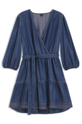 Robe portefeuille en jean avec manches ballon, Bleu